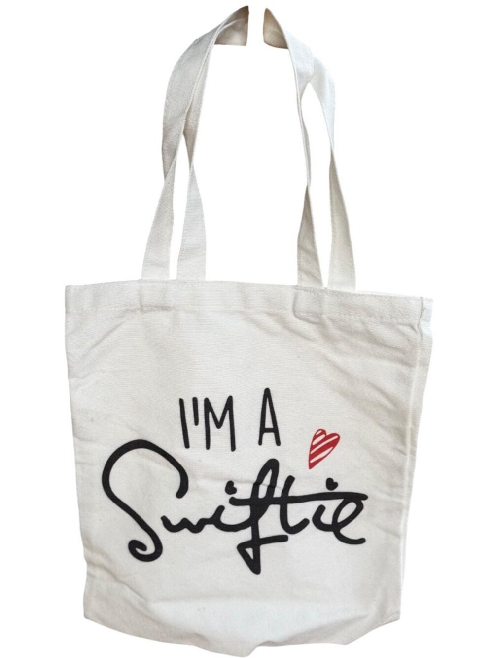 "I'm a Swiftie" White Canvas Tote Bag w/Black Lettering & Red Heart 21" Tall